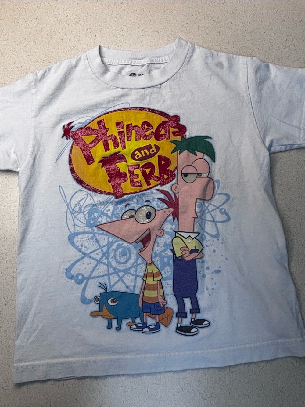 Disney Phineas and Ferb White Graphic Tee with Yellow Logo